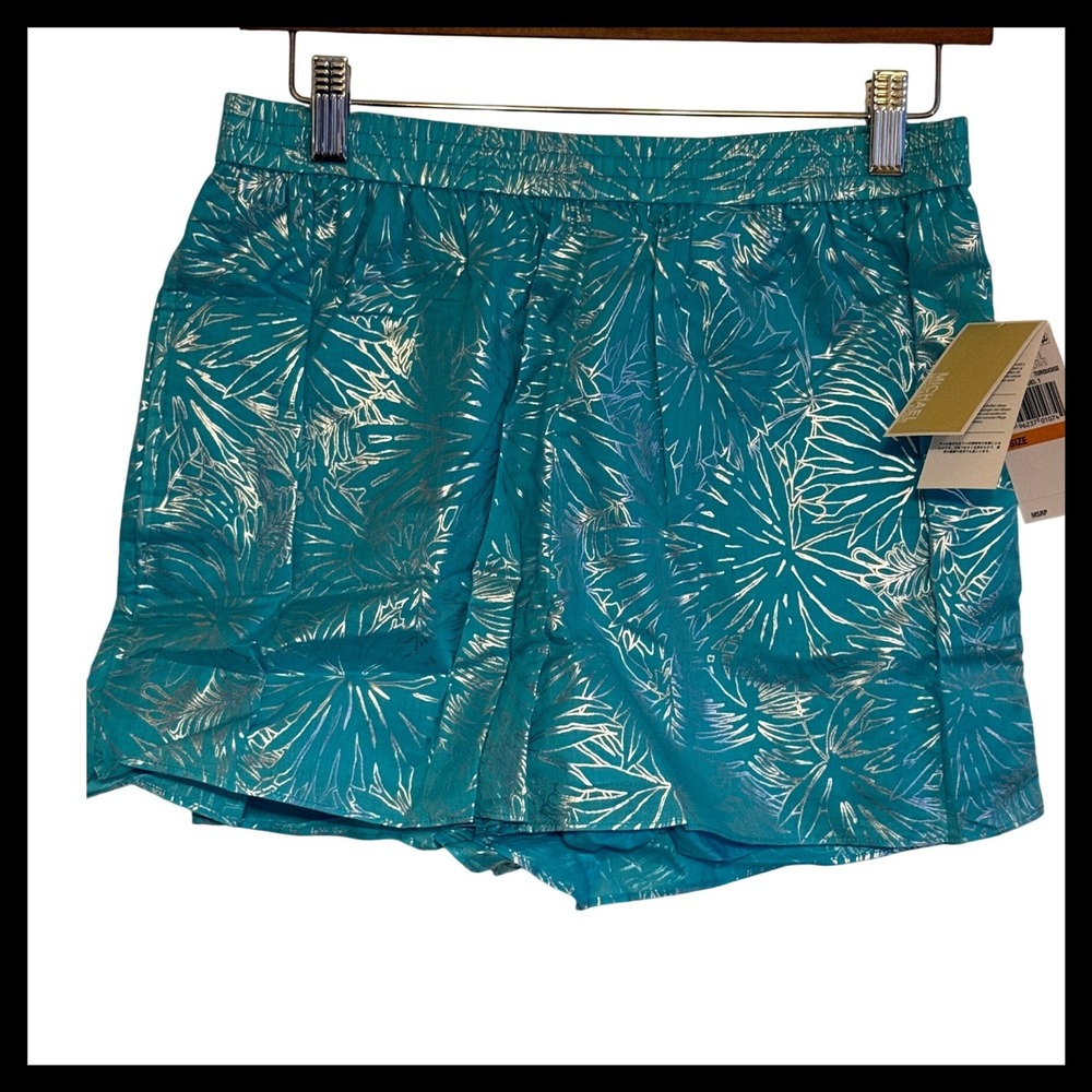 Michael Kors Turquoise Tropical Leaf Print Metallic Shorts Size S MSRP 84‎